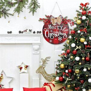 Merry Christmas Decoration Wreath, Christmas Red Plaid Door Hanging Sign 12 inch